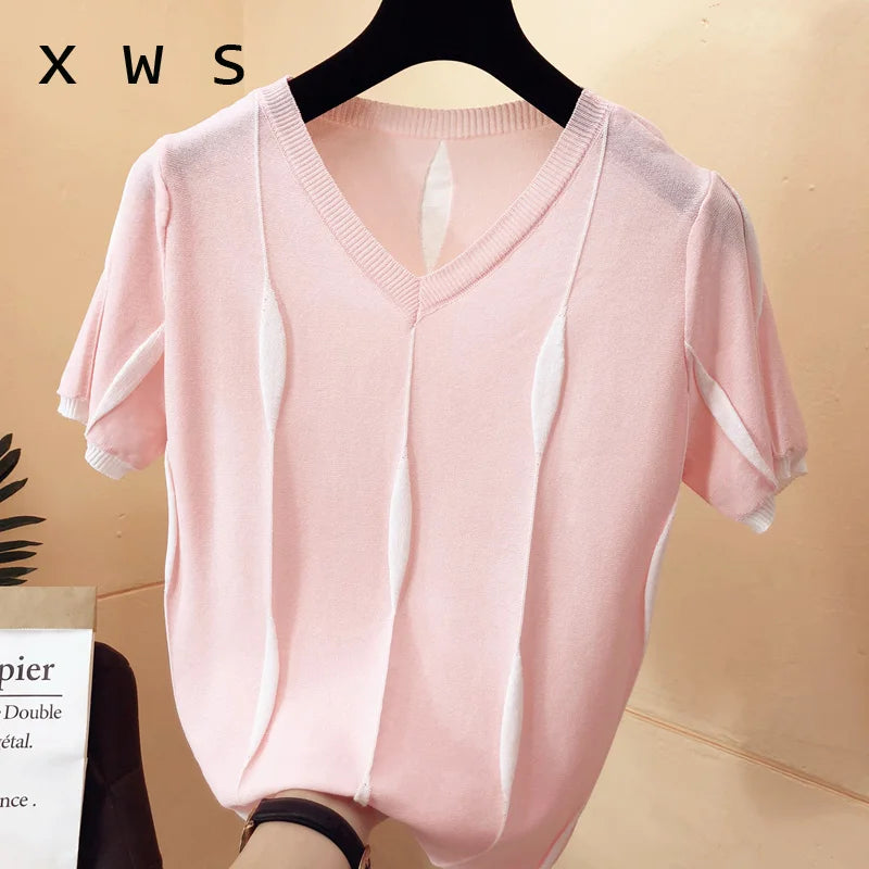 Women Spring Summer Style Knitted Sweater Pullovers Lady Casual patchwork Color V-Neck Short Sleeve pink Pullovers Knitwear Tops