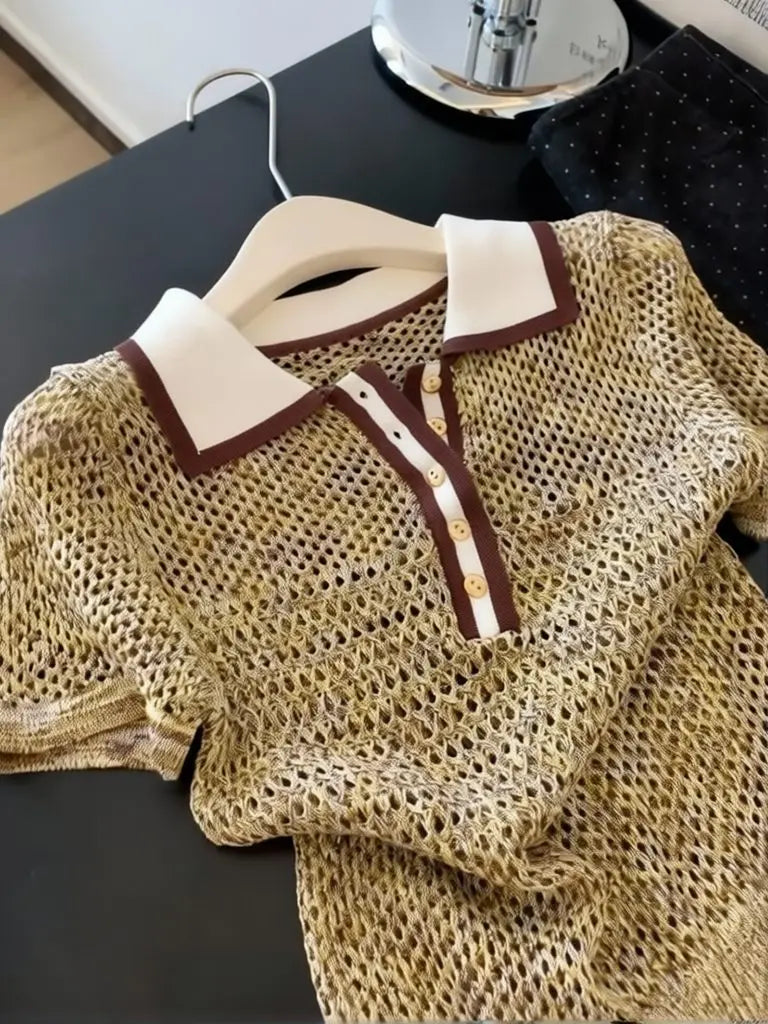 Vintage 2000s Shiny Knit Short Sleeve Tee Women Polo Neck Summer Tops Brown Hollow out Knitwear Lady Clothes Casual T-shirt